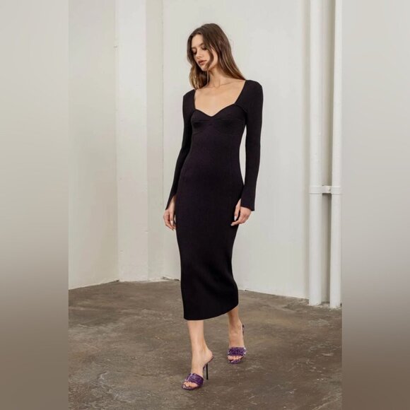 NWT Moon River Sweetheart Neck Flared Long Sleeve Ribbed Sweater Midi Dress - Picture 7 of 8